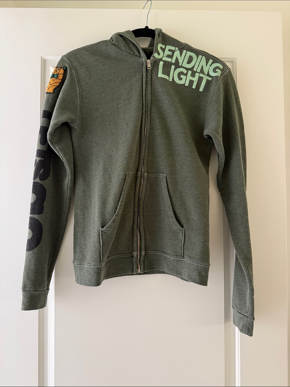 Olive Green Zip Hoodie with 'Sending Light' Print